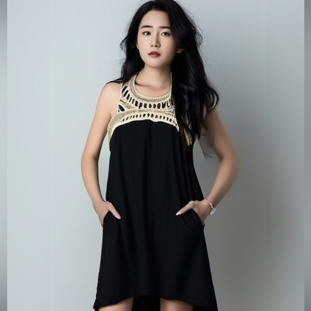 VASNA SIZE M BLACK CROCHET MID DRESS SUMMER FALL GUC - Picture 2 of 10